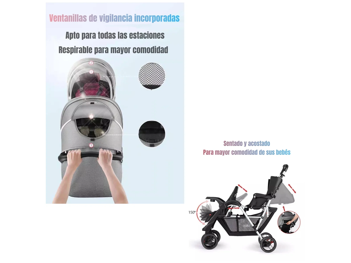 COCHE DOBLE DUO RECLINABLE PLEGABLE GRIS BY LUBABYCAS 7