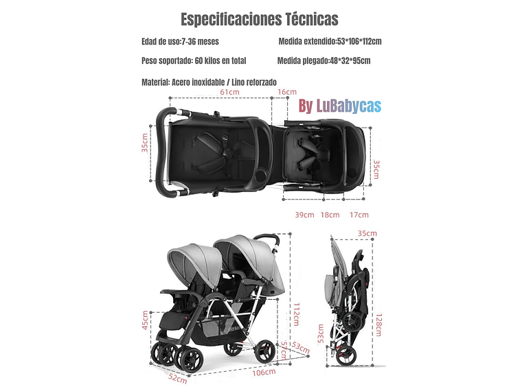 COCHE DOBLE DUO RECLINABLE PLEGABLE GRIS BY LUBABYCAS 9