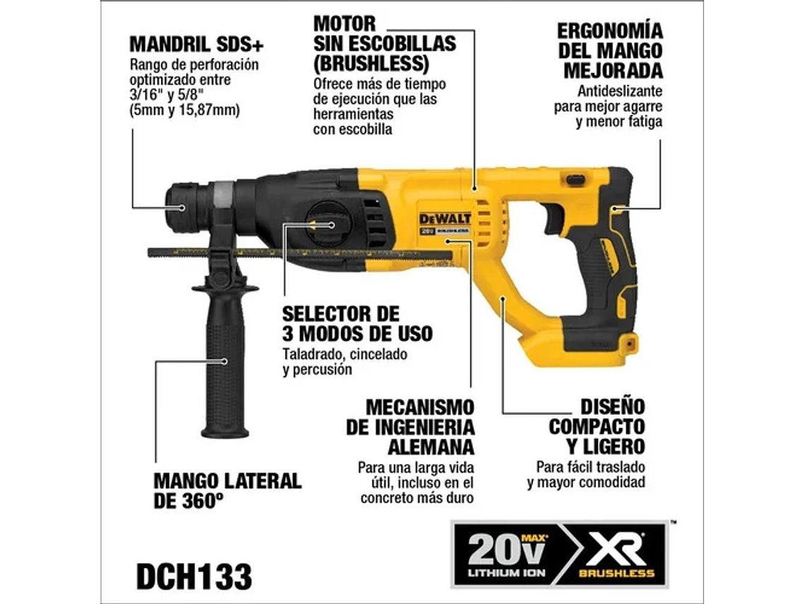 ROTOMARTILLO DEWALT SDS 20 V S/CARBONES S/BATERÍA DCH133B-B3 5