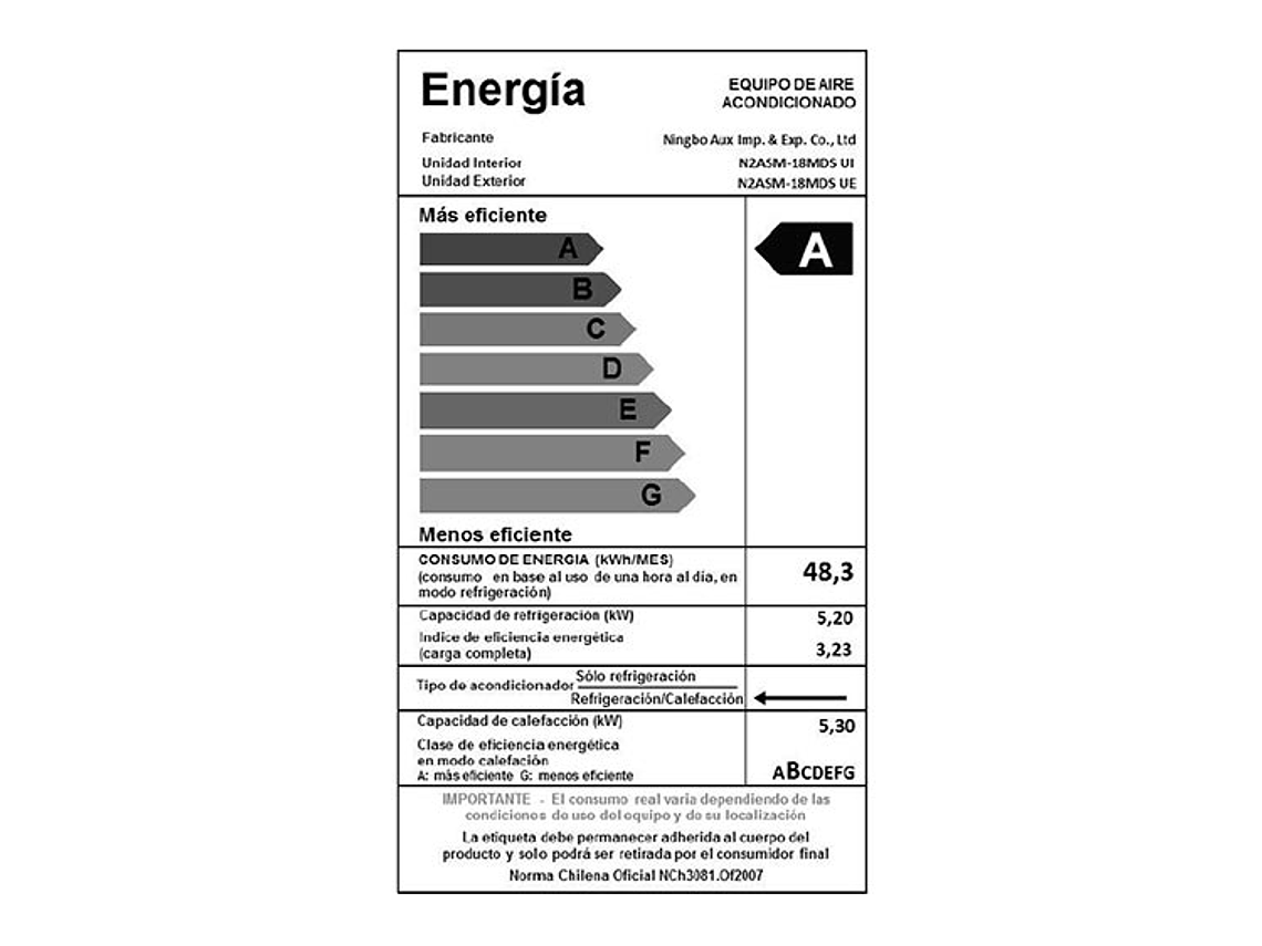 AIRE ACONDICIONADO KENDAL SPLIT MURO ON/OFF N3ASM-18 MDS 4