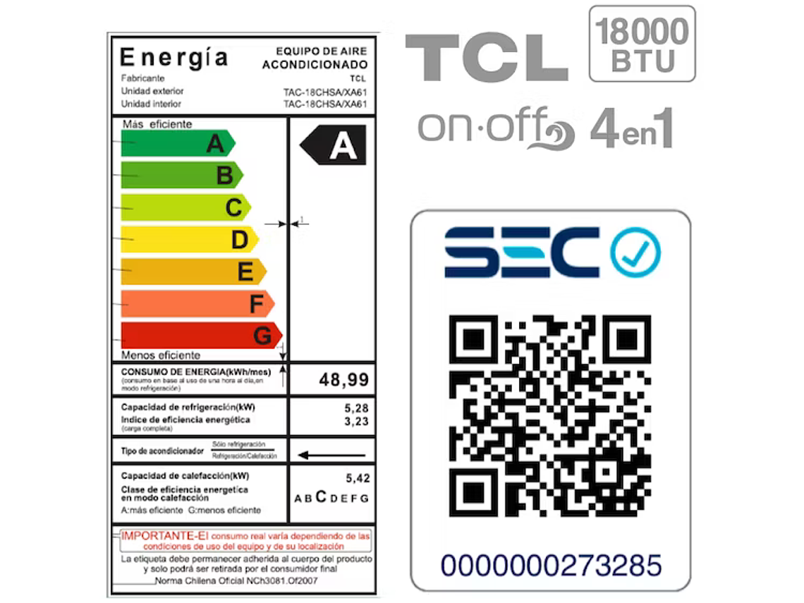 AIRE ACONDICIONADO FRIO-CALOR SPLIT TCL 18000 BTU 4EN1 4