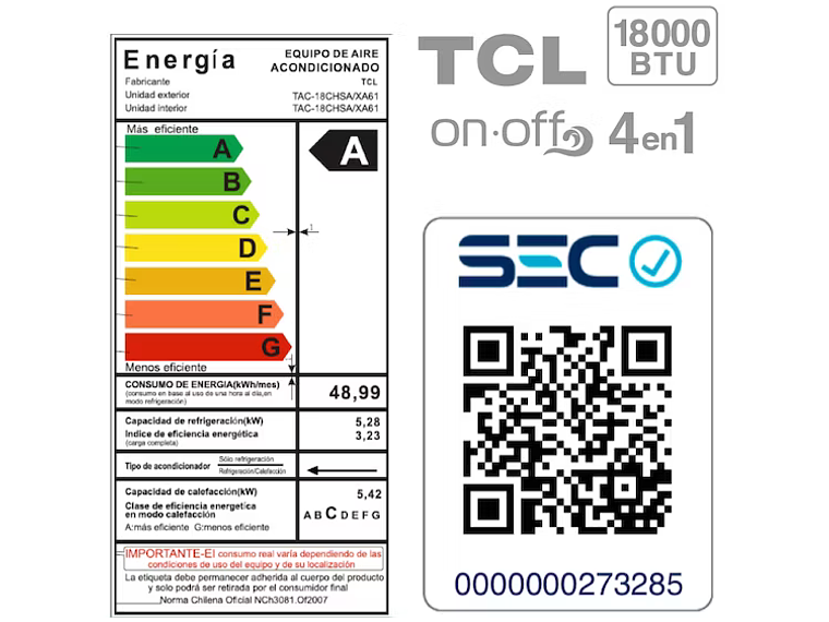 AIRE ACONDICIONADO FRIO-CALOR SPLIT TCL 18000 BTU 4EN1 4