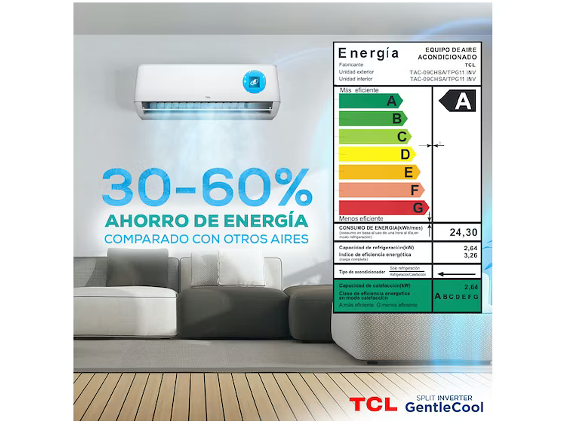 AIRE ACONDICIONADO INVERTER SMART TCL 9000 BTU FRIO/CALOR 5