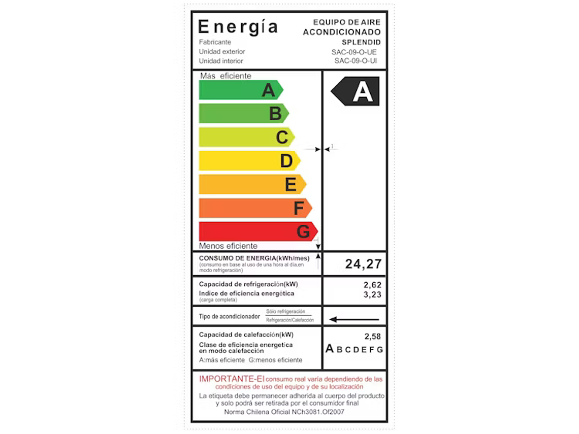 AIRE ACONDICIONADO SPLIT 9000 BTU ON/OFF MODO CALEFACCIÓN 2
