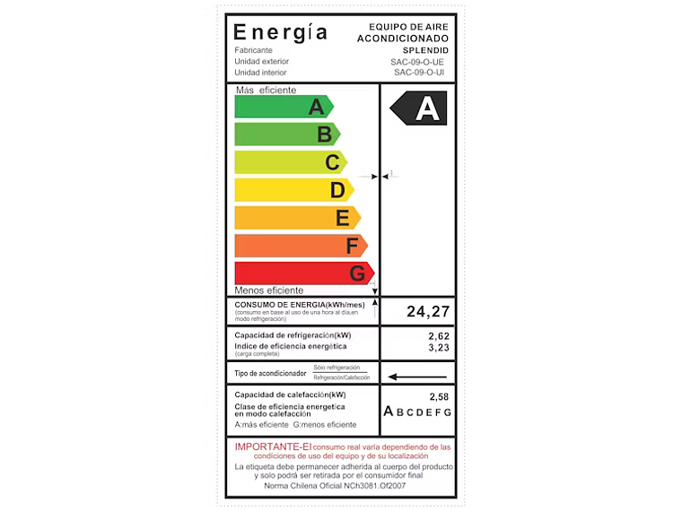 AIRE ACONDICIONADO SPLIT 9000 BTU ON/OFF MODO CALEFACCIÓN 2