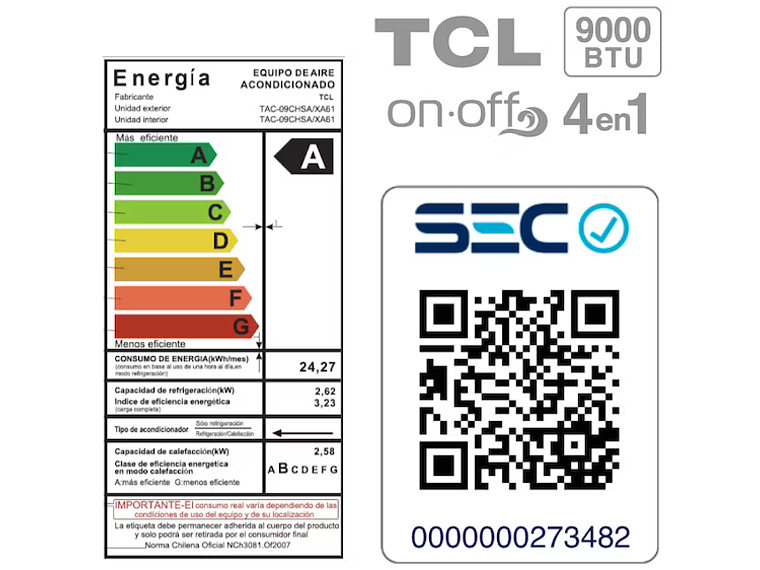 AIRE ACONDICIONADO FRIO-CALOR SPLIT TCL 9000 BTU 4EN1 3