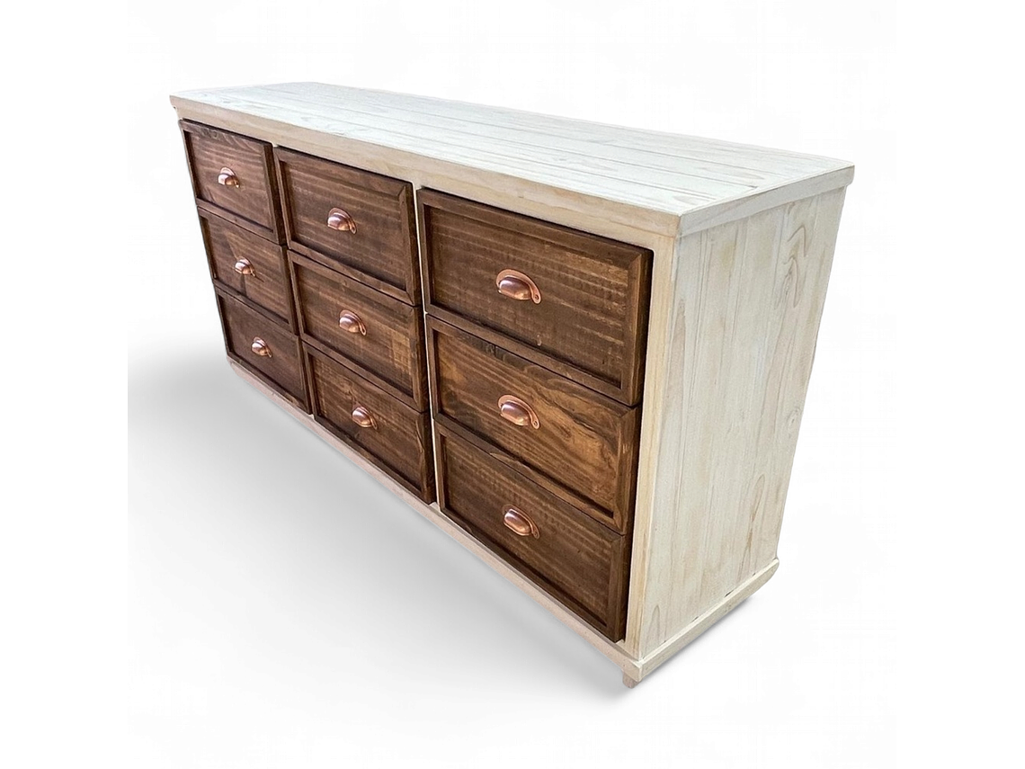 CÓMODA CON 9 CAJONES DE MADERA TAIKKEE COLOR BLANCO DECAPADO Y NOGAL 1