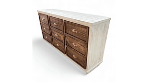 CÓMODA CON 9 CAJONES DE MADERA TAIKKEE COLOR BLANCO DECAPADO Y NOGAL