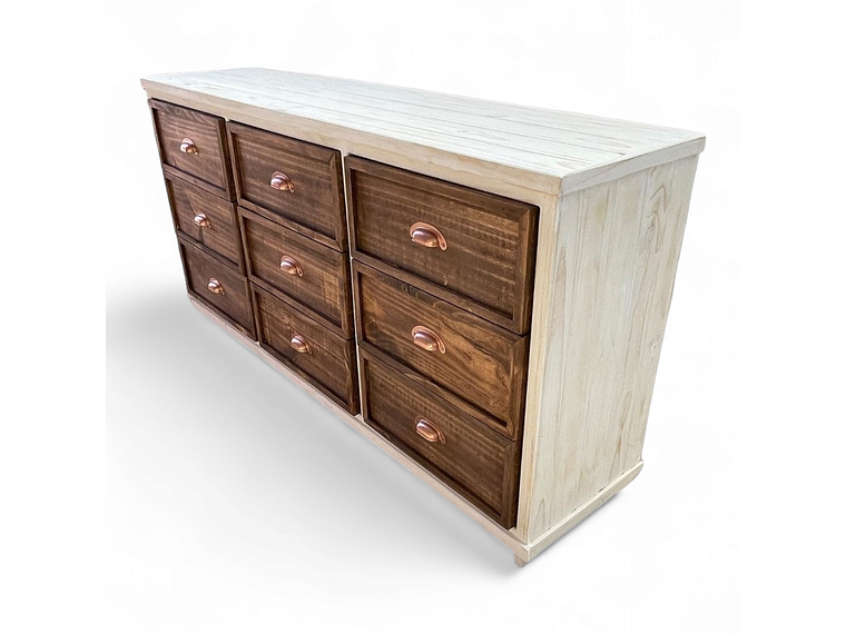 CÓMODA CON 9 CAJONES DE MADERA TAIKKEE COLOR BLANCO DECAPADO Y NOGAL 1