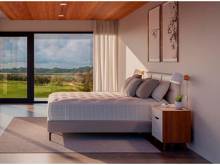 JUEGO DE DORMITORIO FLEX CAMA EUROPEA ETERNITY TOP KING ARENA + RESPALDO TACHAS CRUDO 5