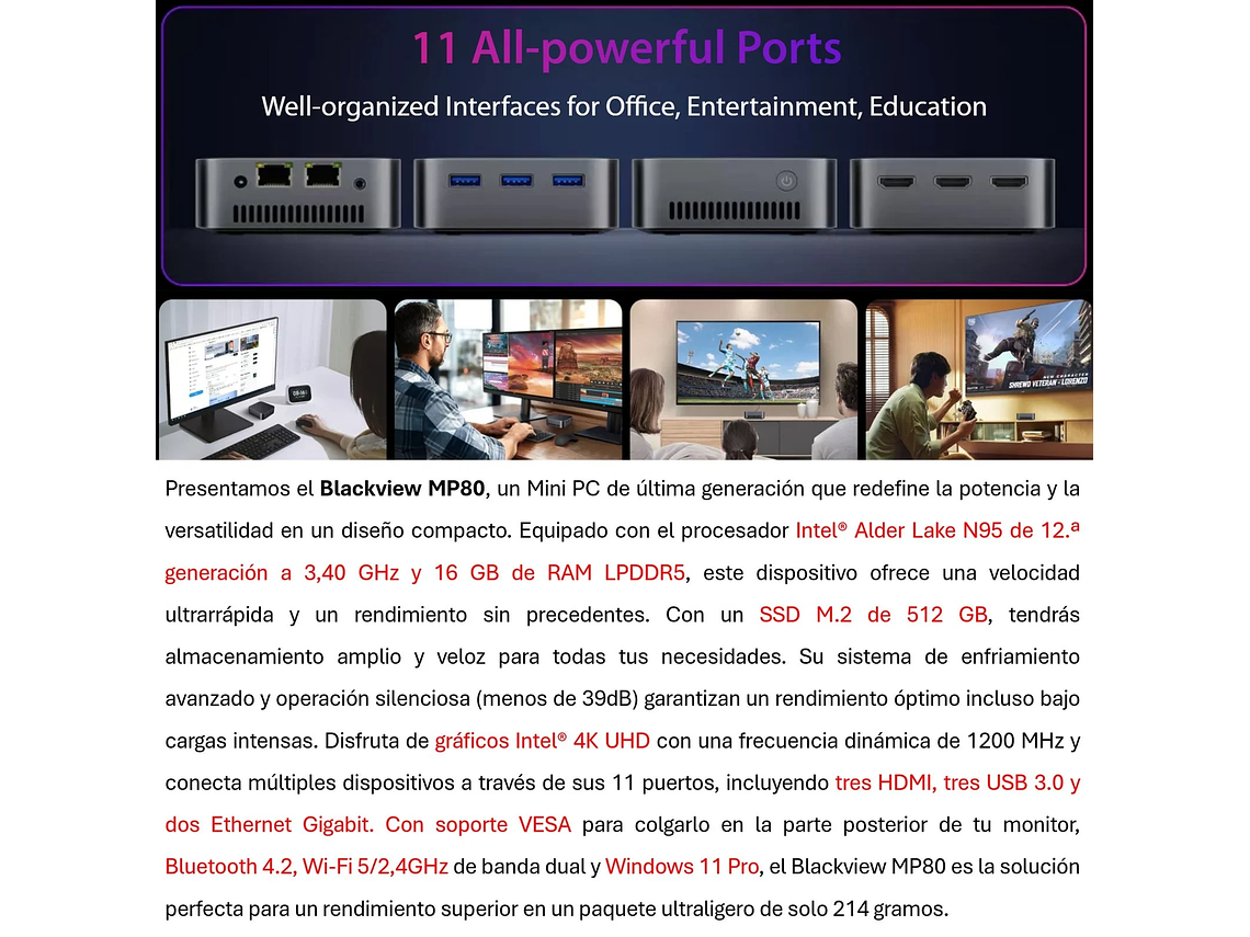 MINI PC BLACKVIEW MP80 INTEL N95 16GB RAM 512GB SSD 4K UHD 7