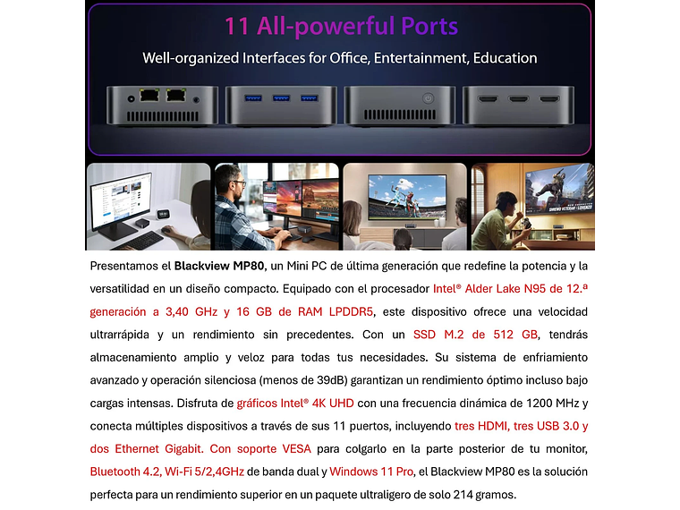 MINI PC BLACKVIEW MP80 INTEL N95 16GB RAM 512GB SSD 4K UHD 7