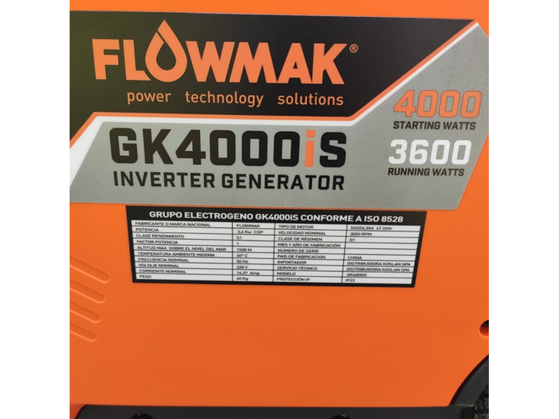 GENERADOR FLOWMAK GK4000IS 220 V 3600 W GASOLINA INVERTER 5