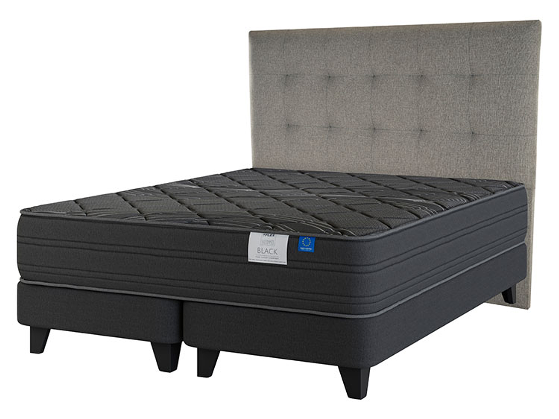 JUEGO DE DORMITORIO FLEX CAMA EUROPEA BLACK BOX TOP KING NEGRO + RESPALDO DESIGN GRIS 2