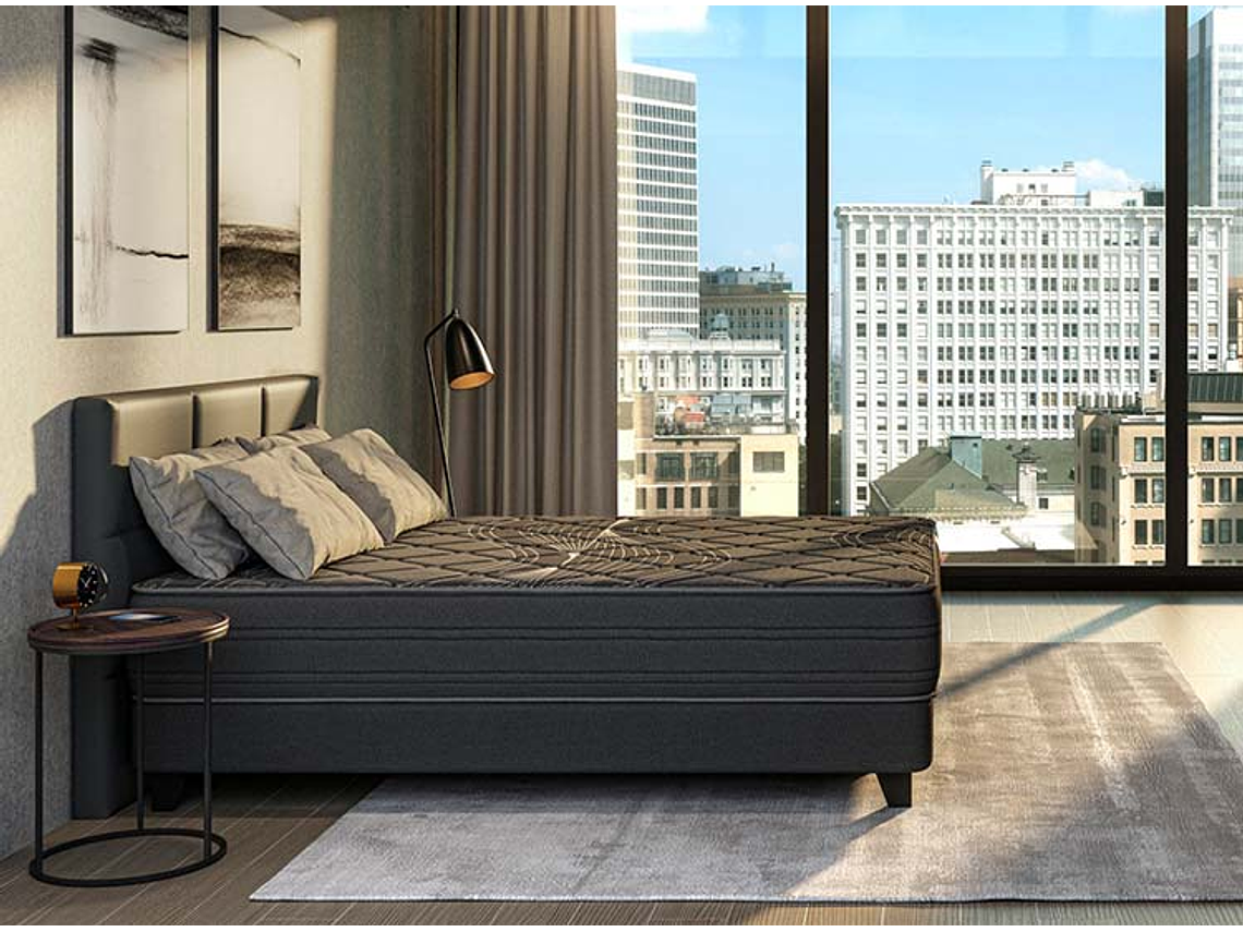 JUEGO DE DORMITORIO FLEX CAMA EUROPEA BLACK BOX TOP KING NEGRO + RESPALDO DESIGN GRIS 6