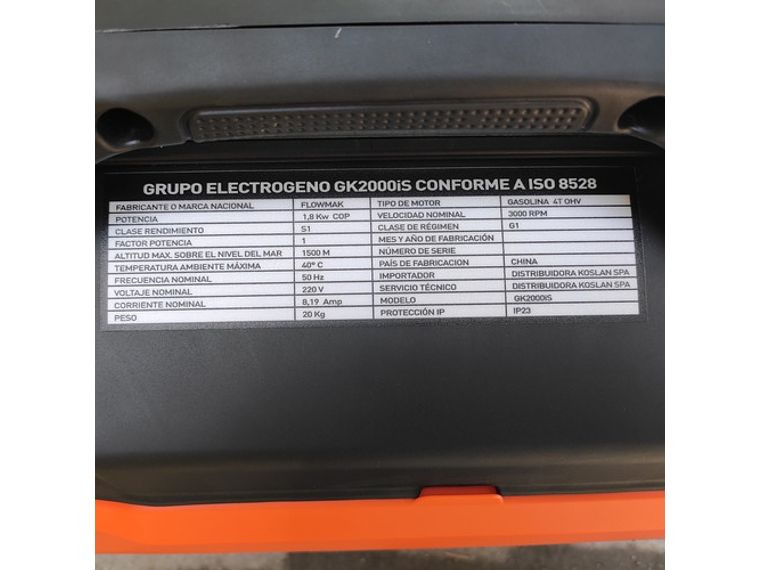 GENERADOR FLOWMAK GASOLINA GK2000IS INVERTER 220V 1800W 4
