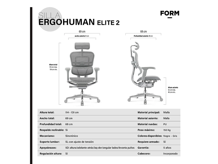 SILLA ERGOHUMAN ELITE 2 GRIS CLARO FORM 7