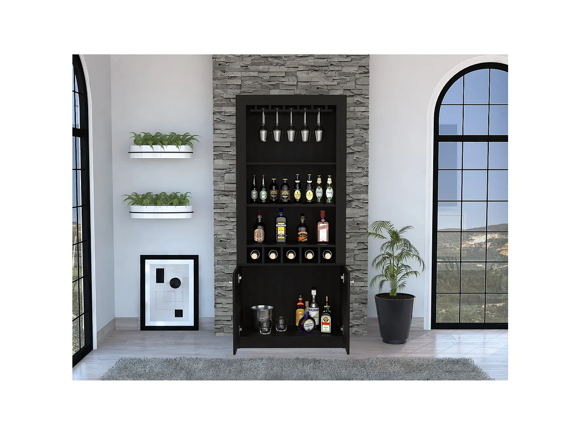 BAR FMFURNITURE ALTO 5 BOTELLEROS Y PORTACOPAS FM 003C CAFÉ OSCURO NEGRO 6