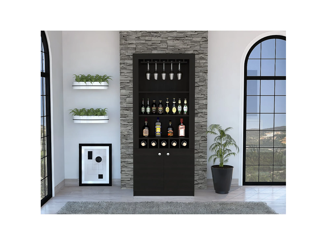 BAR FMFURNITURE ALTO 5 BOTELLEROS Y PORTACOPAS FM 003C CAFÉ OSCURO NEGRO 7