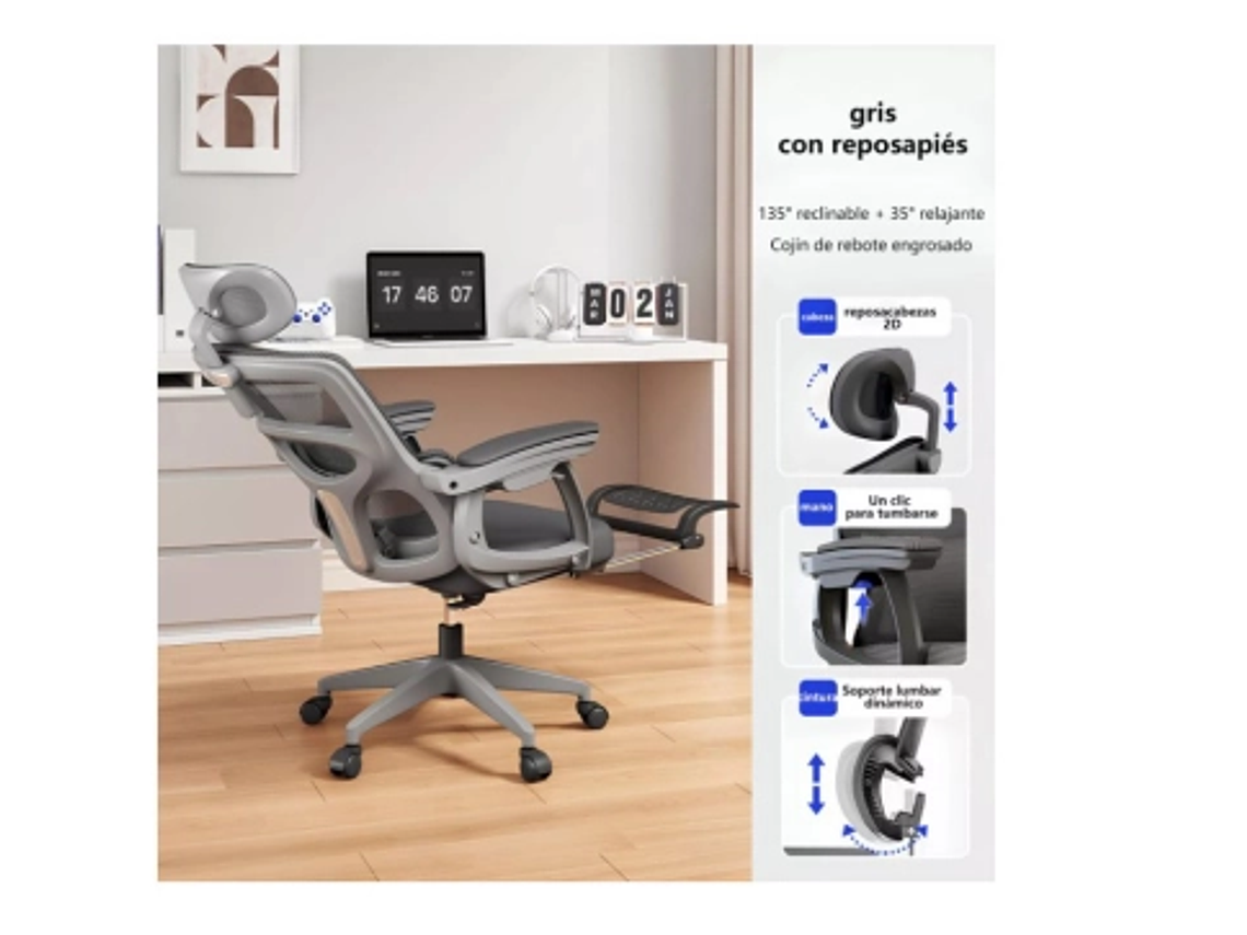 SILLA DE OFICINA ERGONÓMICA CON REPOSAPIERNAS Y RECLINABLE 4