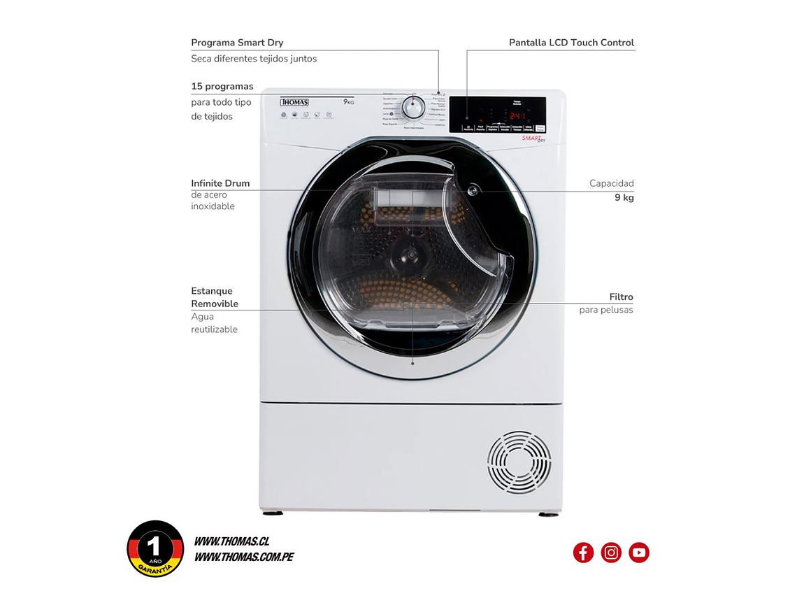SECADORA DE ROPA BOMBA DE CALOR THOMAS TH-D9KCBC 9KG BLANCO 6