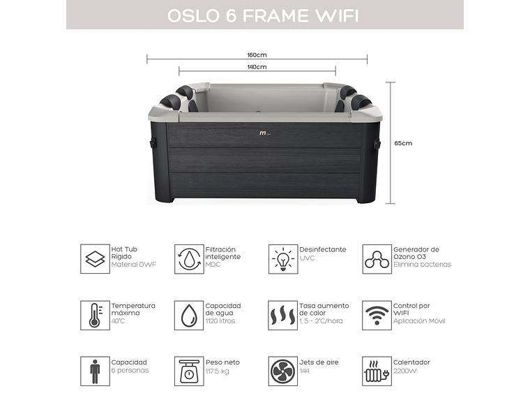HOT TUB JACUZZI SPA RÍGIDO 6 PERSONAS OSLO FRAME WIFI MSPA 3