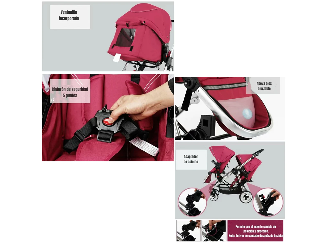 COCHE DOBLE DUO RECLINABLE 6 MODOS EN 1 LUBABYCAS NEGRO 4