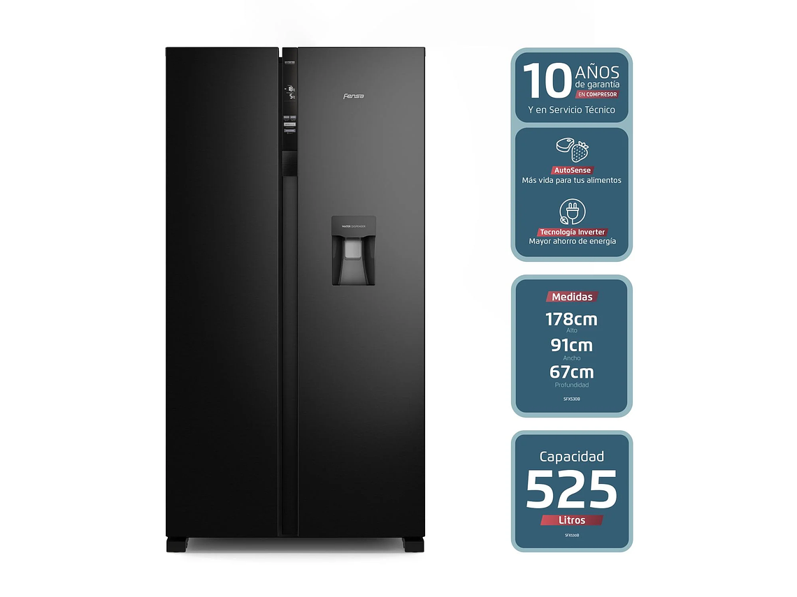REFRIGERADOR FENSA 525L NO FROST SIDE BY SIDE SFX530B NEGRO 4