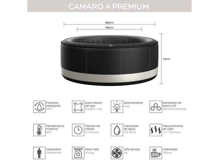 HOT TUB JACUZZI SPA INFLABLE 4 PERSONAS CAMARO PREMIUM MSPA 2