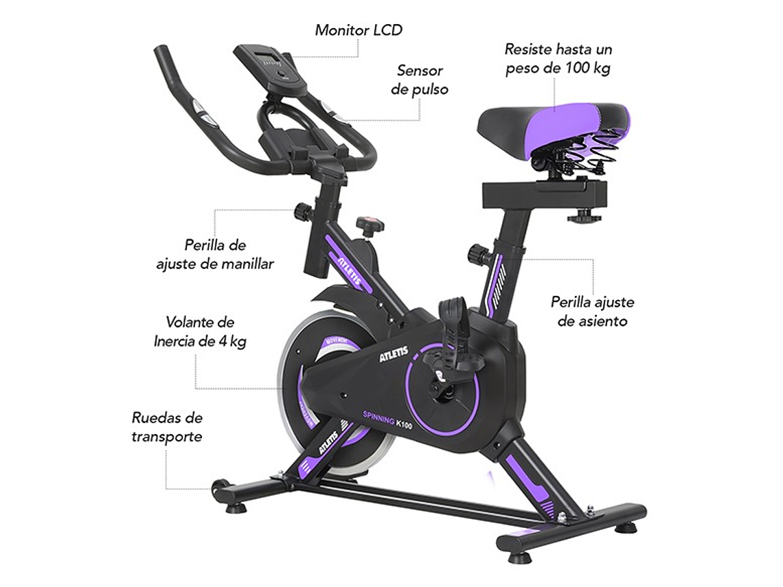 BICICLETA SPINNING ATLETIS 1639850 CAPACIDAD 100 KG MORADO 6