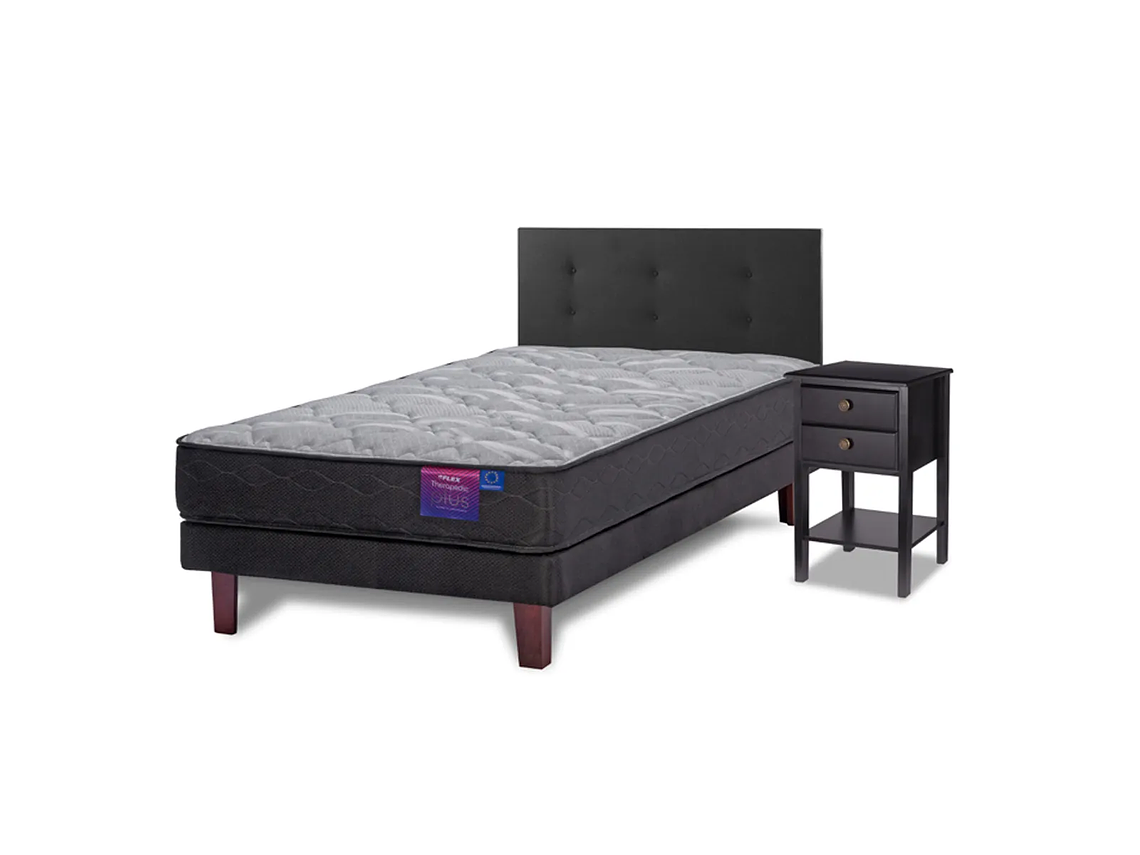 JUEGO DE DORMITORIO FLEX CAMA EUROPEA THERAPEDIC PLUS BOX 1.5 PLAZAS + RESPALDO ROYAL NEGRO + VELADOR ROVER 1