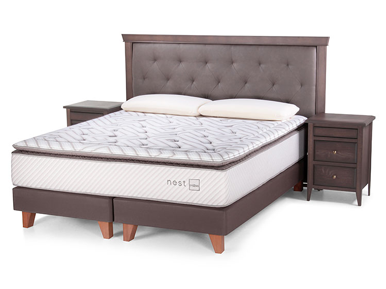 JUEGO DE DORMITORIO ROSEN CAMA EUROPEA NEST 2 PLAZAS + ALMOHADAS + RESPALDO + VELADORES 1