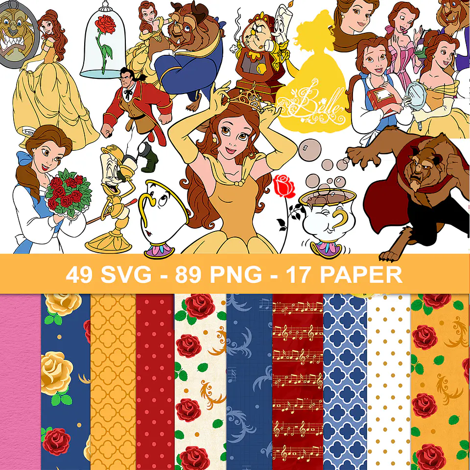 Kit digital bela e a fera png, svg clipart, papel digital 1