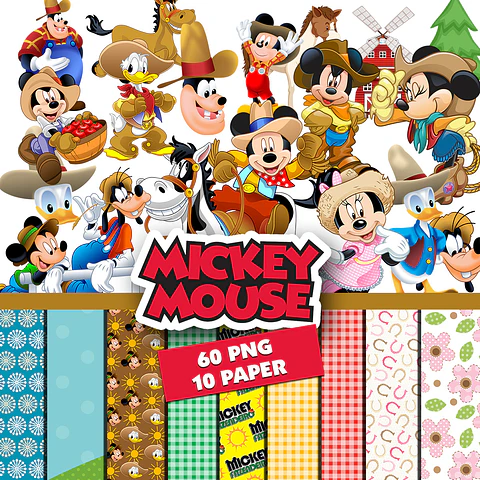 Kit digital mickey fazendinha png clipart, papel digital