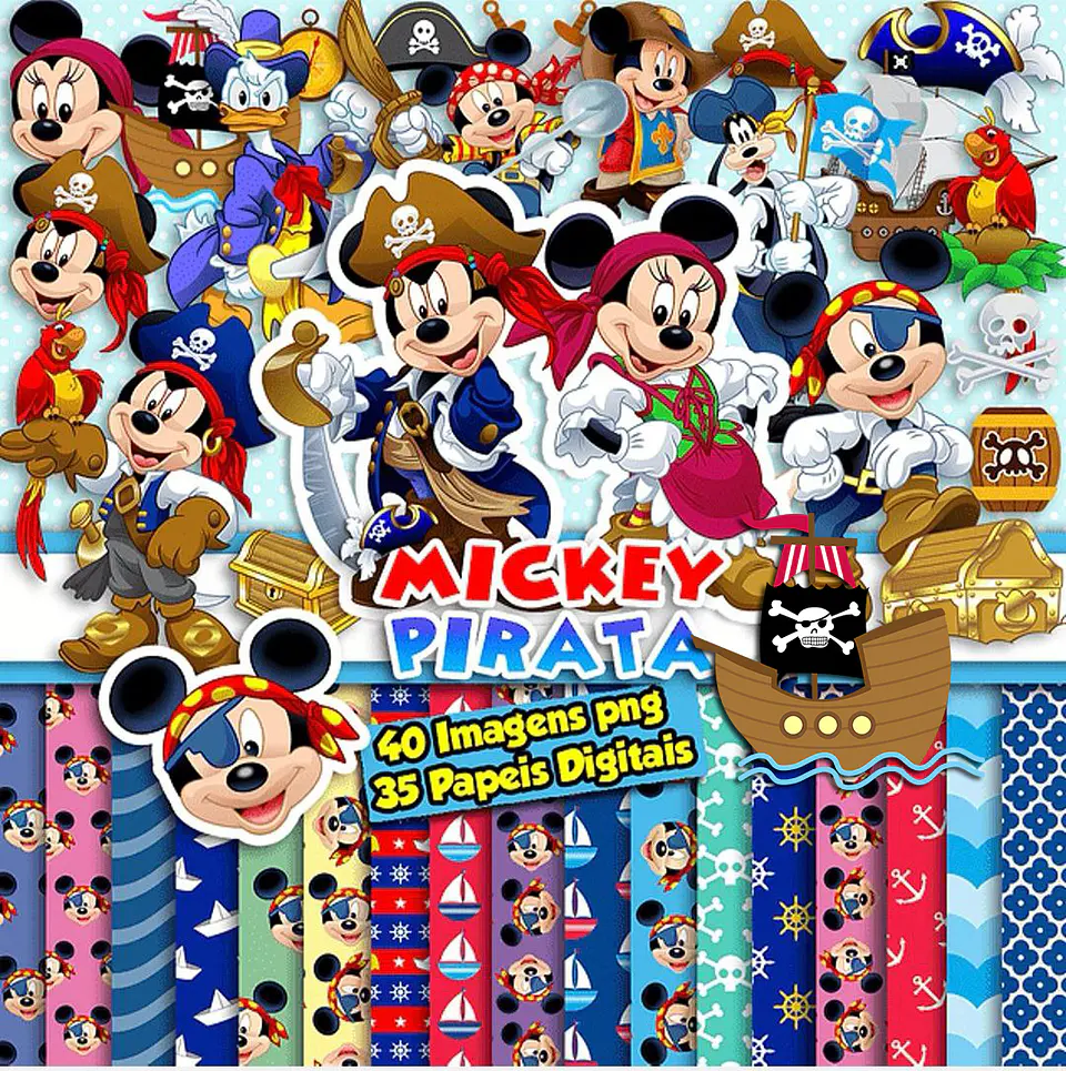 Kit digital mickey pirata png clipart, papel digital 1