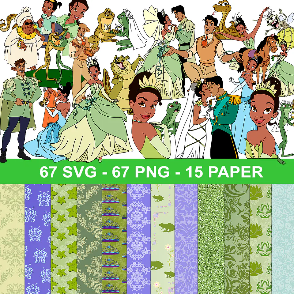 Kit digital princesa e o sapo png, svg clipart, papel digital 1