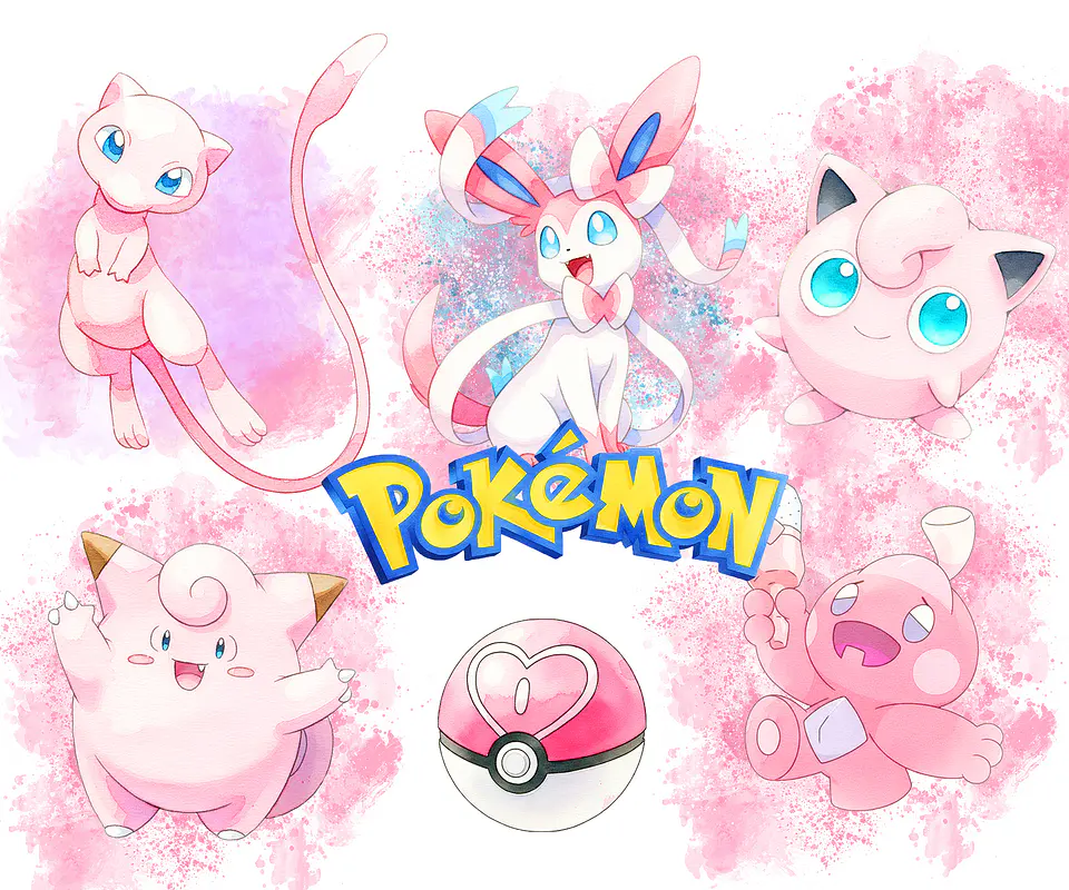 Kit digital pokémon rosa aquarela png clipart digital 1