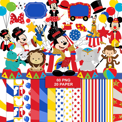 Kit digital mickey circo png clipart, papel digital