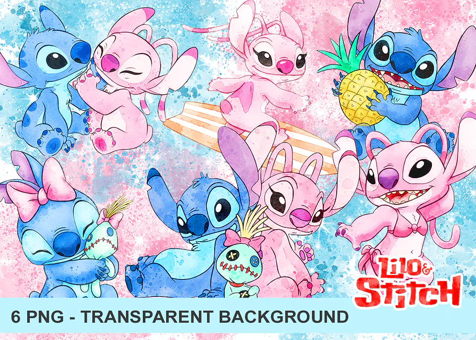 Kit digital stich e angel aquarela png clipart digital 1