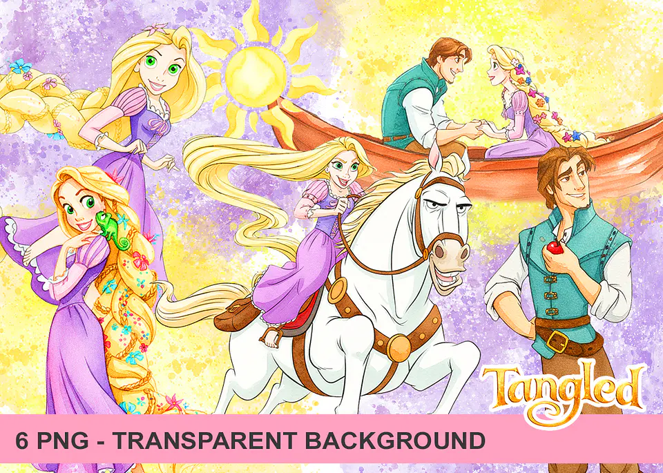 Kit digital rapunzel aquarela png clipart digital 1