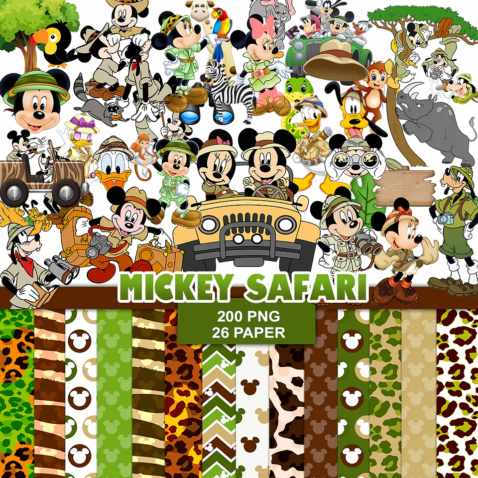 Kit digital mickey safari png clipart, papel digital 1