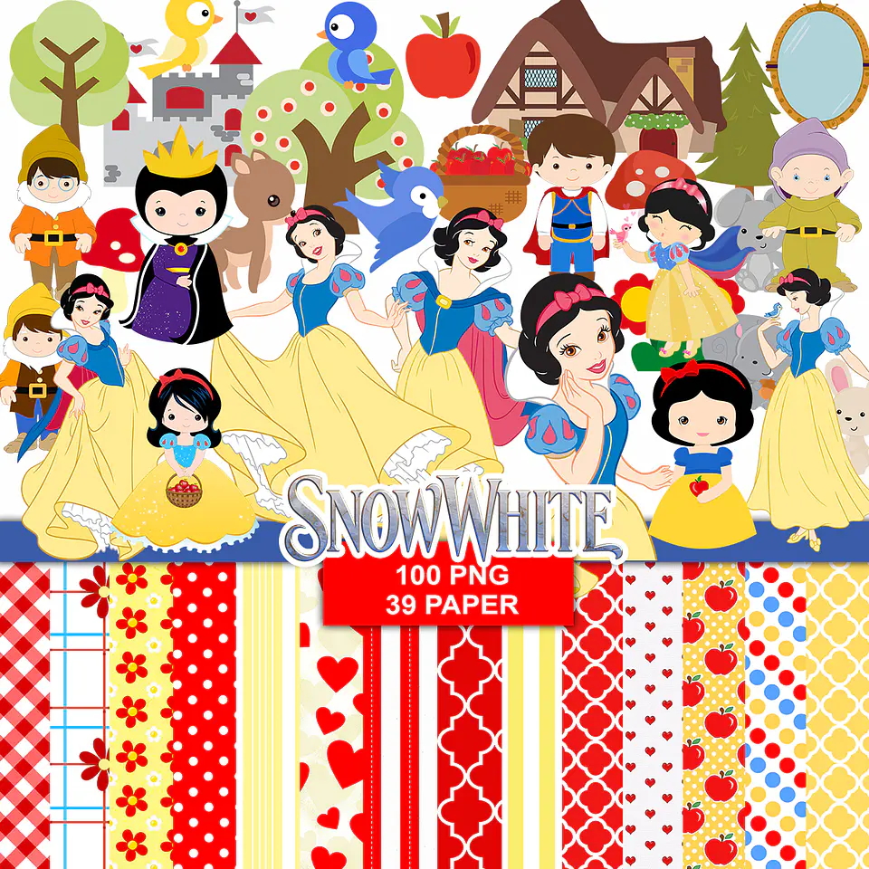Kit digital branca de neve png clipart, papel digital 1