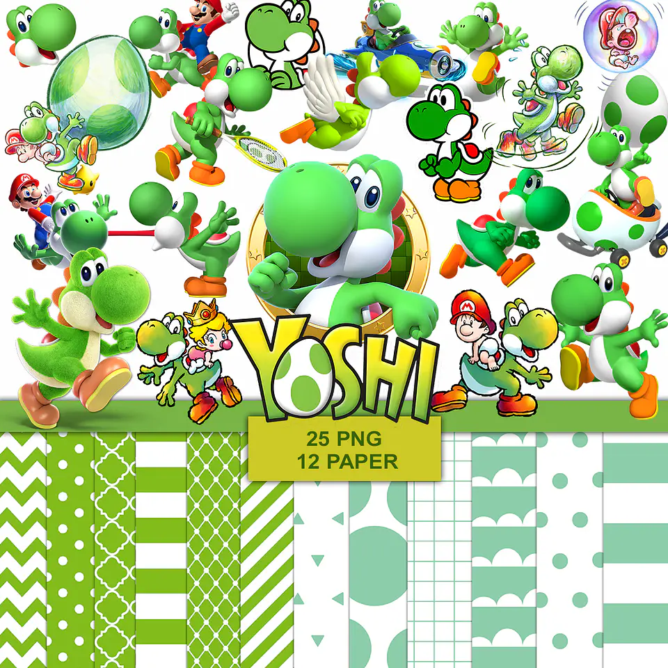 Kit digital yoshi png clipart, papel digital 1