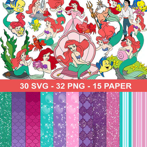 Kit digital pequena sereia png clipart, papel digital