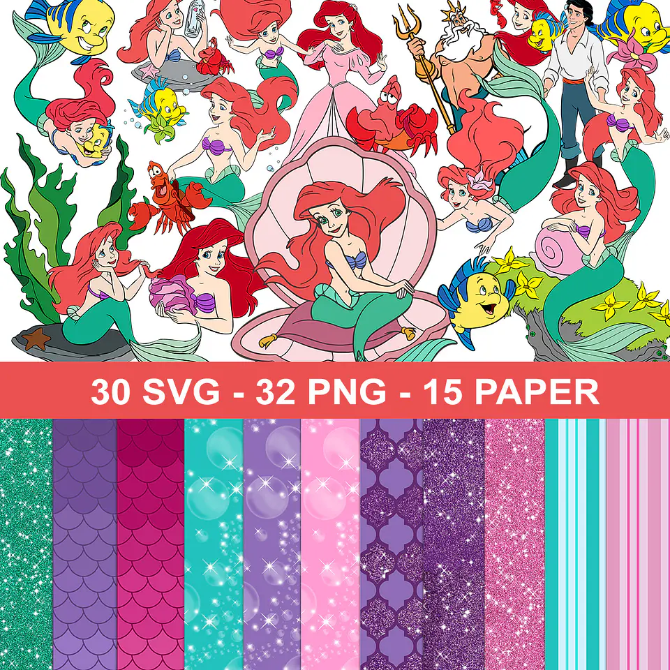 Kit digital pequena sereia png clipart, papel digital 1