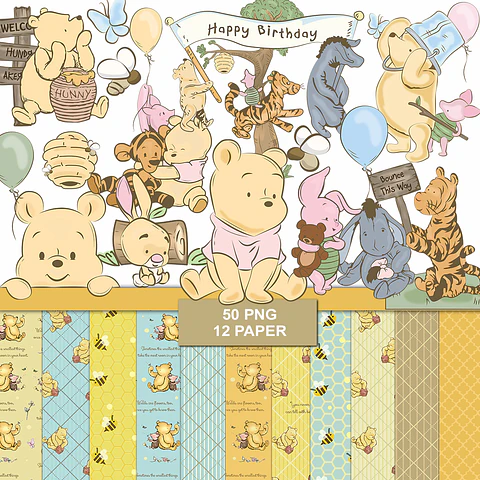 Kit digital pooh classico png clipart, papel digital
