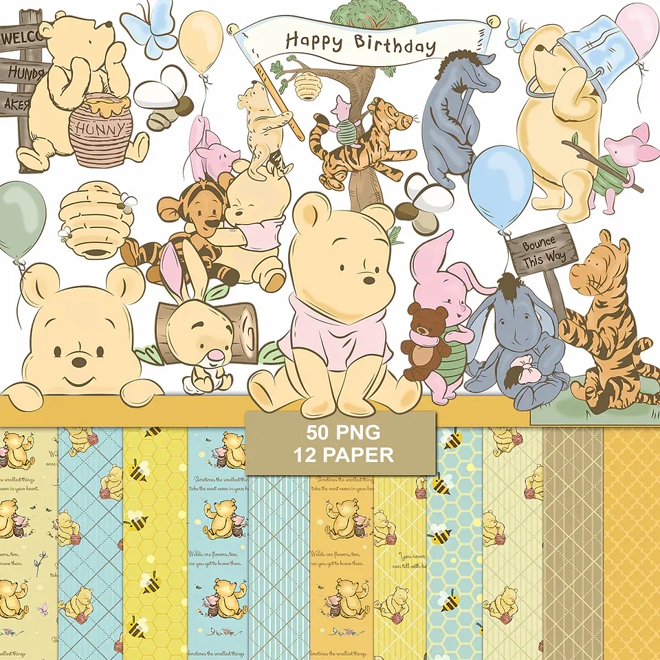 Kit digital pooh classico png clipart, papel digital 1