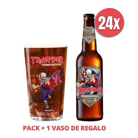 24x Trooper Original 4,7% ABV botella 330cc + Vaso Eddie de Regalo