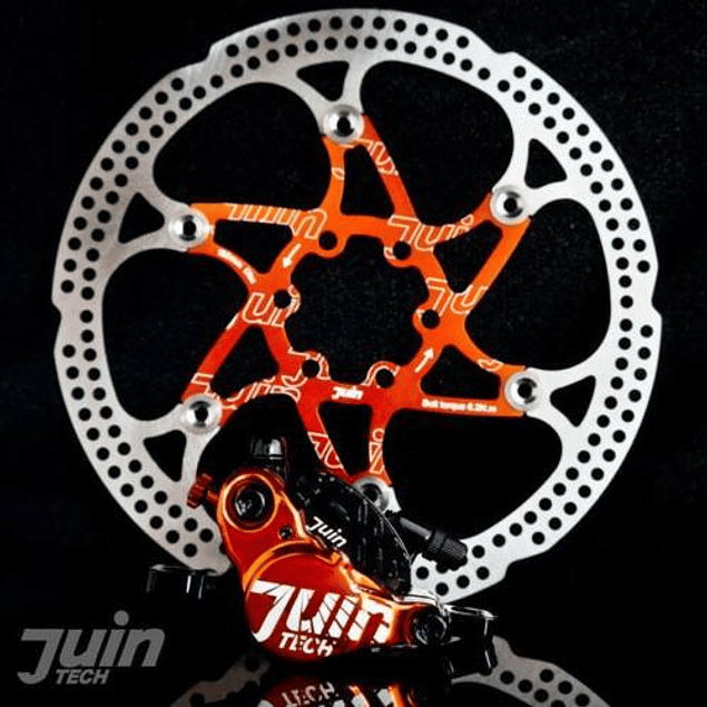 JUIN TECH X1 - KIT FRENO DE DISCO HIDRAULICO ACCIONADO POR CABLE - PM - PASTILLAS Y DISCOS CON DIFUSORES DE CALOR – PARA RUTA/CX/GRAVEL - NARANJA