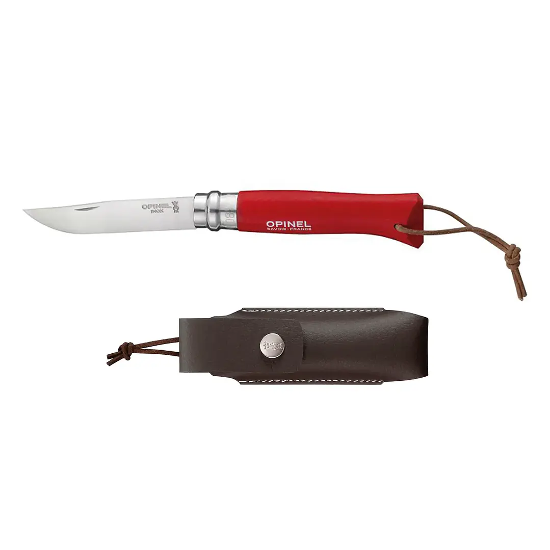 Navaja Opinel Trekking N°08 Roja con Funda de Cuero 1